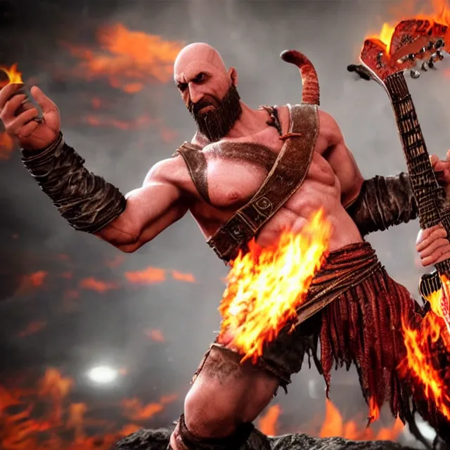 Image similar to kratos rocking out on a flaming stratocaster guitar, cinematic render, god of war 2 0 1 8, playstation studios official media