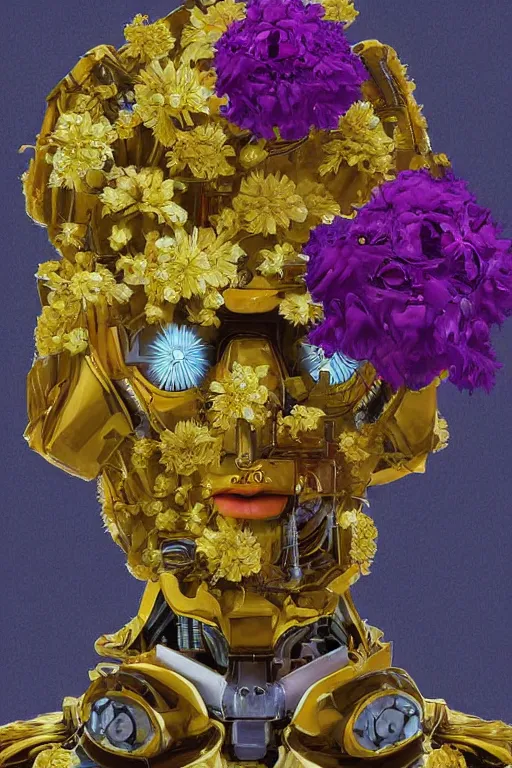 Prompt: a digital painting of a robot wearing a suit made of flowers, 1965 character portrait by Vladimir Tretchikoff and Lionel Smit, cgsociety, panfuturism, made of flowers, dystopian art, vaporwave