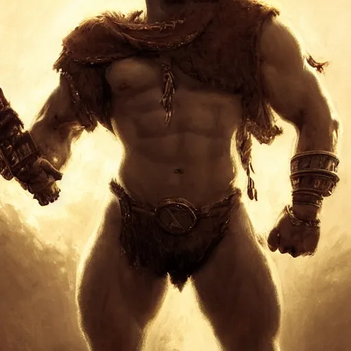 Image similar to handsome portrait of a spartan guy bodybuilder posing, radiant light, caustics, war hero, breath of the wild, by gaston bussiere, bayard wu, greg rutkowski, giger, maxim verehin