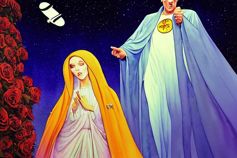 Image similar to a hyperrealist watercolour character concept art portrait of the virgin mary and elvis on well lit night in las vegas, nevada. there is a ufo. roses adorn. by rebecca guay, michael kaluta, charles vess and jean moebius giraud