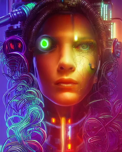 Image similar to a cyberpunk close up portrait of cyborg medusa, electricity, rainbow, snakes in hair, sparks, bokeh, soft focus, skin tones, warm, daylight, geometric, by unreal engine, paul lehr, jesper ejsing