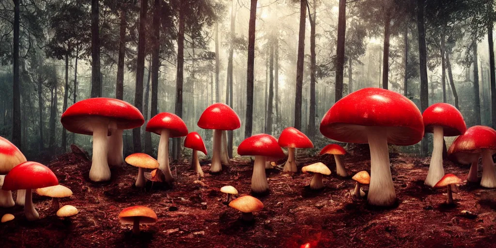 Image similar to Photo by Filip Hodas of the cinematic view of the Forest of the Giants, various giant mushrooms, some little mushrooms on the floor, A very big red mushroom with white spots, photorealism, a few sun ray of lights falling with dust, photo taken with canon 5D