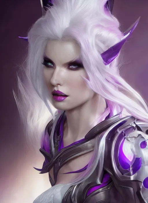 Image similar to syndra, from league of legends, white hair, purple magic, hyper detailed, digital art, trending in artstation, cinematic lighting, studio quality, smooth render, unreal engine 5 rendered, octane rendered, art style by klimt and nixeu and ian sprigger and wlop and krenz cushart