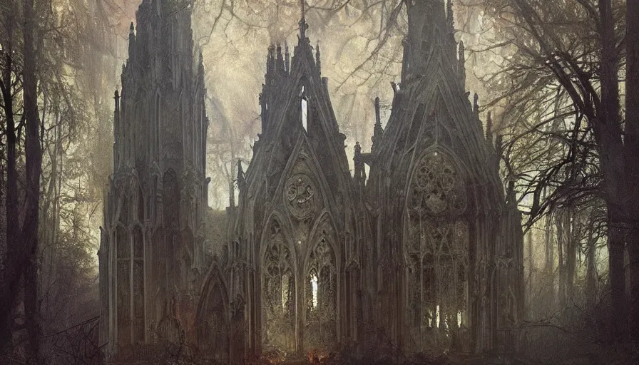 Image similar to a beautiful intricate painting of a abandoned gothic church, in dark evil fantasy forest, reflections, very high details by william turner art, greg rutkowski and alphonse mucha, trending on artstation, very very detailed, masterpiece,