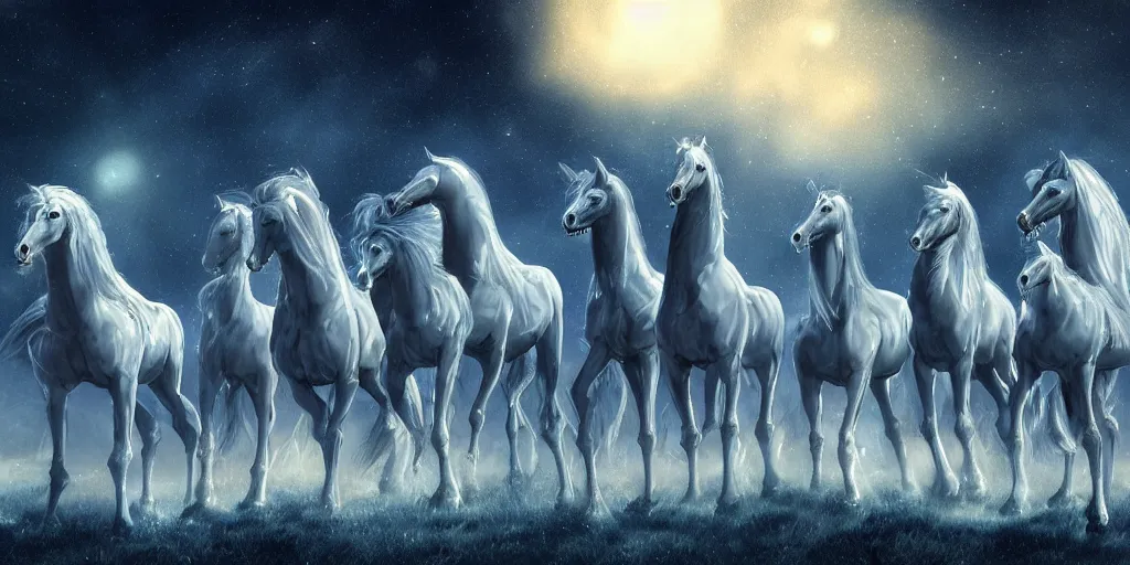 Image similar to a group of cyan spectral transparent ghost skeletal horses with ghastly knights fly overhead in the starry twilight sky, high detail, sharp, digital art