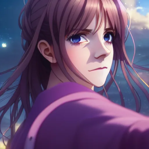 Image similar to portrait emma watson in heavens feel movie, detailed face, violet evergarden, tokyo, ufotable, key visual, cinematic, city background, night time, street, fate stay night, unlimited blade works, greg rutkowski, high resolution, street clothes, anime, high budget