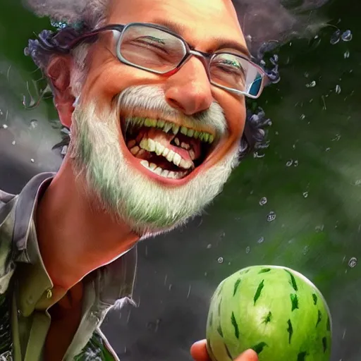 Prompt: a mad scientist in his back yard laughing happily at the watermelons which are falling from the sky , made by Stanley Artgerm Lau, WLOP, Rossdraws, ArtStation, CGSociety, concept art, cgsociety, octane render, trending on artstation, artstationHD, artstationHQ, unreal engine, 4k, 8k,