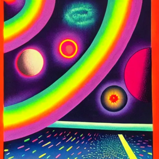 Prompt: neon void, rainbow road in the distant deep space, liminal, by dr. seuss and max ernst