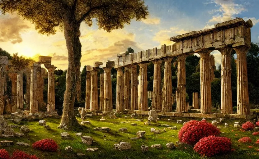 Prompt: a interior photo of a mossy and ruined greek temple with some marble statues inside at sunset, godrays, complementary colors, calm, relaxing, beautiful landscape, highly detailed, high quality, 4k, grass and red flowers, Ferdinand Knab, serene landscape, symmetrical, geometric, high coherence