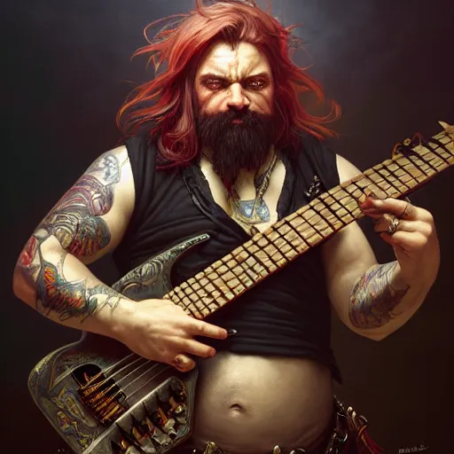 Prompt: portrait painting of punk dwarven bard with a badass bass, ultra realistic, concept art, intricate details, eerie, highly detailed, photorealistic, octane render, 8 k, unreal engine. art by artgerm and greg rutkowski and charlie bowater and magali villeneuve and alphonse mucha