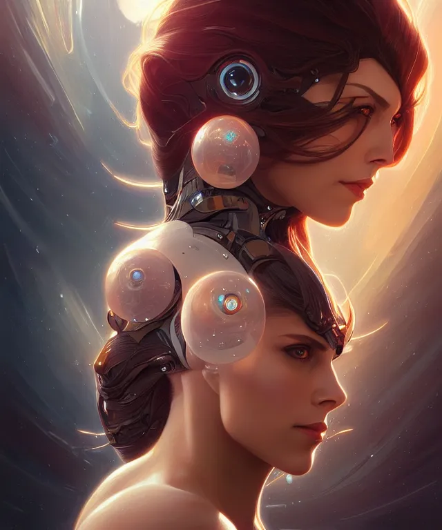 Image similar to futuristic woman portrait, sci-fi, amber eyes, face, long hair, fantasy, intricate, elegant, highly detailed, digital painting, artstation, concept art, smooth, sharp focus, illustration, art by artgerm and greg rutkowski and alphonse mucha