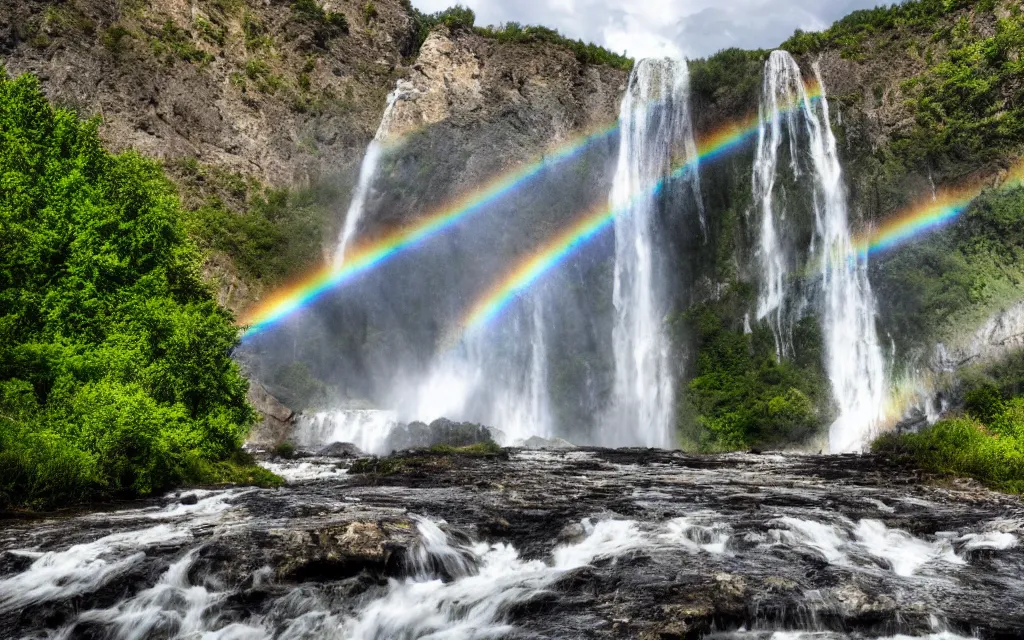 Image similar to a large waterfall that descends from a mountain and comes to a stream with clear water, gray clouds in the sky and a rainbow realistic photo
