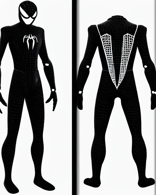 Image similar to black and white cyberpunk spiderman future foundation suit sleek greeble suit concept design