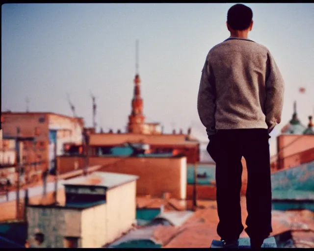 Image similar to lomo photo of man standing on the roof of soviet hrushevka, small town, cinestill, bokeh, out of focus