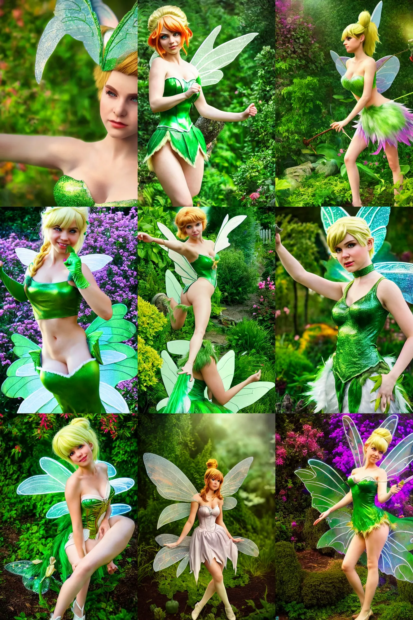 Image similar to a highly detailed and realistic photo of the tinker bell fairy cosplay on a garden, artstation, 4 k, correctly anatomy, good light