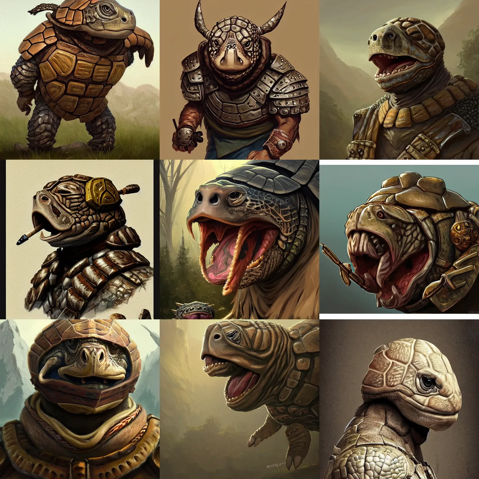 Prompt: anthropomorphic rugged turtle!!! small head, oversized barbarian furry muscular armored upper body ,shell collar!!l, 👅 👅 , D&D, fantasy, intricate, elegant, highly detailed, digital painting, artstation, concept art, smooth, sharp focus, illustration, art by artgerm and beeple and greg rutkowski and alphonse mucha