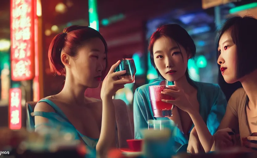 Prompt: cinestill 5 0 d photographic portrait of two android women sharing a drink at a cafe in cyberpunk china, extreme closeup, modern cyberpunk, dust storm, 8 k, hd, high resolution, 3 5 mm, f / 3 2, ultra realistic faces, intricate detail, ex machina