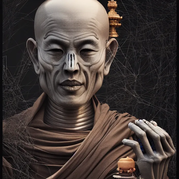 Prompt: portrait of Buddhist Monk as skeleton. intricate abstract. intricate artwork. by Tooth Wu, wlop, beeple, dan mumford. octane render, trending on artstation, greg rutkowski very coherent symmetrical artwork. cinematic, hyper realism, high detail, octane render, 8k, iridescent highlights