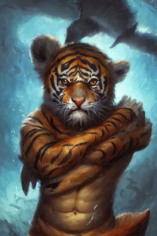 Image similar to a fuzzy dolphin with tiger stripes, tiny, small, miniature , animal, short, adorable, pretty, beautiful, DnD character art portrait, matte fantasy painting, DeviantArt Artstation, by Jason Felix by Steve Argyle by Tyler Jacobson by Peter Mohrbacher, cinematic lighting