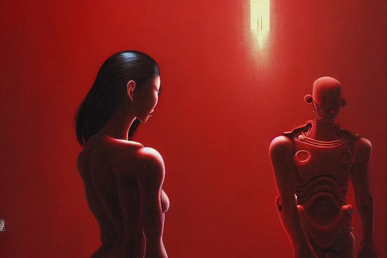 Image similar to only with red, a red cyborg samurai, tokio futuristic in background, some evil yokai, in the style of beksinski, parts by edward hopper, parts by rodcenko, parts by yue minjun, intricate and epic composition, red by caravaggio, insanely quality, highly detailed, masterpiece, red light, artstation, 4 k