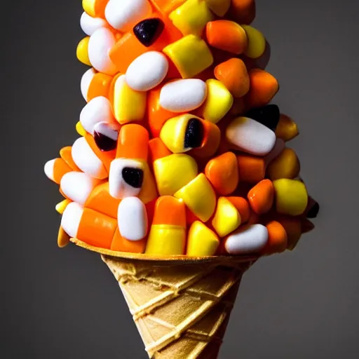 Prompt: a detailed photograph of an ice cream cone studded with candy corn like a medieval mace.