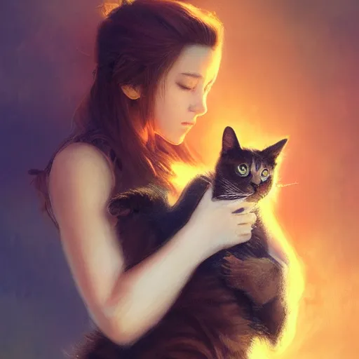 Image similar to Aerith Gainsborough holding a cat portrait, atmospheric lighting, painted, intricate, volumetric lighting, beautiful, rich deep colors masterpiece, golden hour, sharp focus, ultra detailed, by Leesha Hannigan, Ross Tran, Thierry Doizon, Kai Carpenter,Ignacio Fernández Ríos