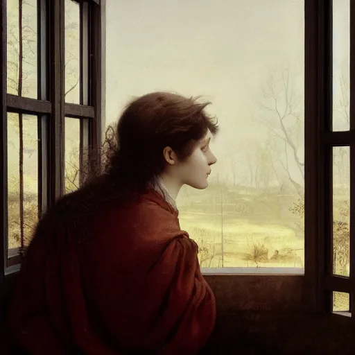 Prompt: A dreamy sleepy young woman with very short dark curly hair, portrait art by caspar david friedrich and pieter bruegel, highly detailed, digital painting, concept art, illustration, dim lighting with twilight rays of sunlight coming through the window with closed shutters, trending on artstation, very detailed, smooth, sharp focus, octane render