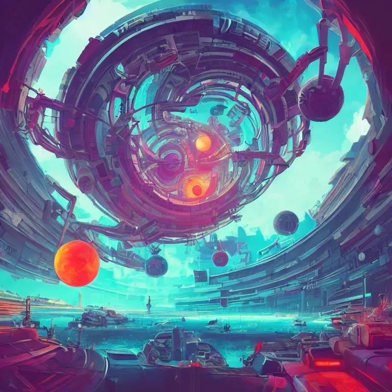 Image similar to a circle!! spiral portal!!! structure floating in space!!, cyberpunk, epic surrealism, indigo, purple, bright red, cyan, detailed digital matte painting in the style of simon stalenhag and painting by ralph mcquarrie