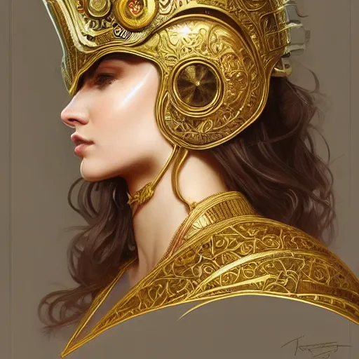 Image similar to an attractive young female wearing an ornate metallic helmet, holly pears, olive skin, long dark hair, beautiful bone structure, intricate, elegant, highly detailed, digital painting, artstation, concept art, smooth, sharp focus, illustration, art by artgerm and greg rutkowski and alphonse mucha