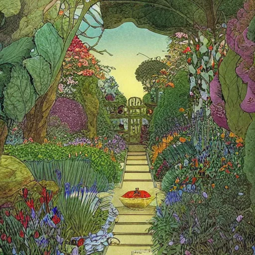 Image similar to an illustration of a beautiful garden, painted by moebius and james jean