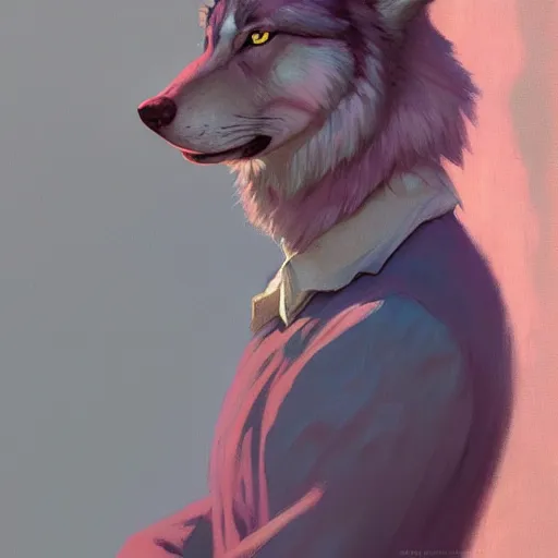 Prompt: painted portrait of wolf wearing pink shirt and smoking, intricate, digital painting, artstation, concept art, smooth, sharp focus, illustration, art by jean giraud, edward hopper, gaston bussiere and greg rutkowski