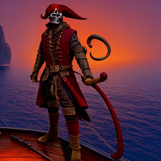 Prompt: a red skinned horned male tiefling, dungeons and dragons, chiseled features, wearing a pirate coat with shiny gold buckles and a rapier on his hip, standing at the prow of his ship looking out over the water, uhd, unreal engine, 8 k, high detail, sunset lighting