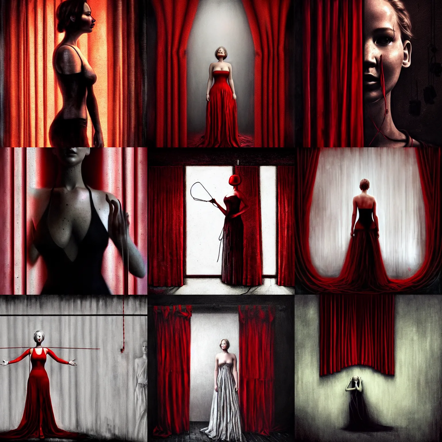 Prompt: mouthless Jennifer Lawrence as a strings puppet behind red curtains by Brooke Shaden, big black strings from wrists to ceiling clearly visible, close-up shot, intricate, dystopian, sci-fi, extremely detailed, digital painting, artstation, concept art, smooth, sharp focus, illustration, intimidating lighting, incredible art, details visible, very dark ambiance