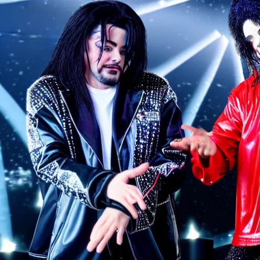 Image similar to kevin smith and michael jackson performing together at the standup show, realistic photo, 8k, light falling on the stage, highly detailed, hyperrealistic, very detailed