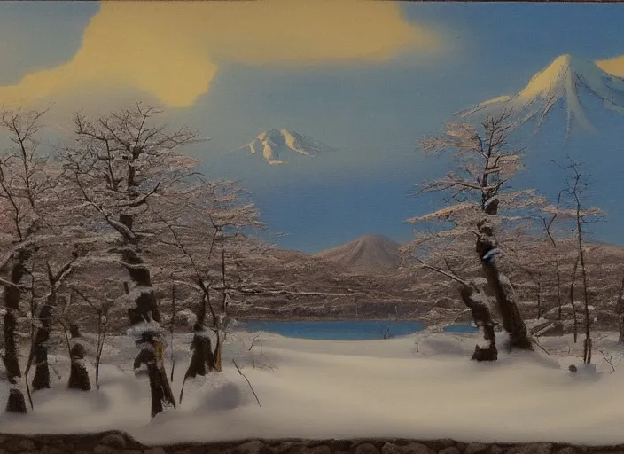 Image similar to hokkaido in winter, japan in the style of hudson river school of art, oil on canvas