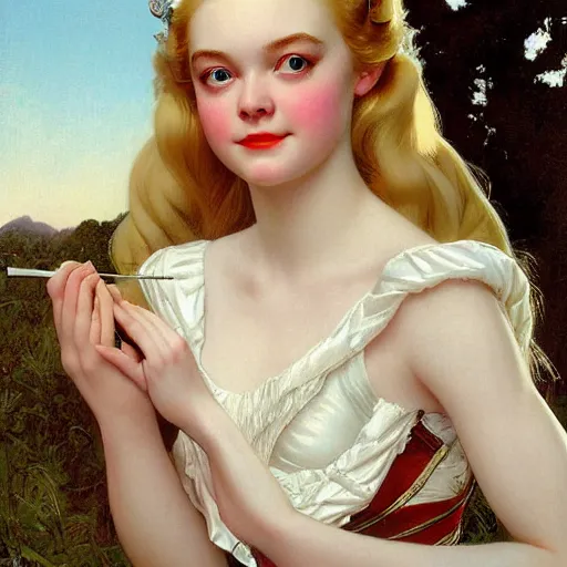 Image similar to Painting of Elle Fanning as a princess, long blonde hair, delicate, pale milky white porcelain skin, by Leyendecker and Norman Rockwell