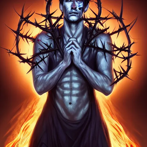 Image similar to Lucifer as an attractive cody fern with blue eyes and long dirty blonde hair with a chiseled jawline, wearing a demonic crown of thorns, 4k digital character design by Artgerm, WLOP, beeple, Hi-Fructose, James Jean, Andrei Riabovitchev, Marc Simonetti, yoshitaka Amano, Artstation, CGsociety