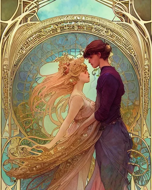 Image similar to romance | highly detailed | very intricate | art nouveau | gold filigree | romantic storybook fantasy | soft cinematic lighting | award - winning | disney concept art watercolor illustration by mandy jurgens and alphonse mucha and alena aenami | pastel color palette | featured on artstation