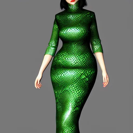 Prompt: curvy feminine hot goth cutie with sublime modest elegant patterned green-black snakeskin leather neck-high gown, cgsociety, photorealistic, comfy ambience, idealistic, 16k, smooth, sharp focus, trending on ArtStation, volumetric lighting, fully clothed, worksafe