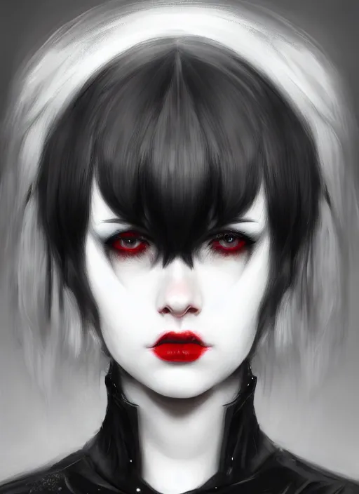 Image similar to portrait of white teenage girl, normal face, black bangs, mall goth, cyberlox, black and white hair, bangs, fluffy bangs, red contacts, intricate, elegant, highly detailed, digital painting, artstation, concept art, sharp focus, smooth, illustration, art by wlop, mars ravelo and greg rutkowski