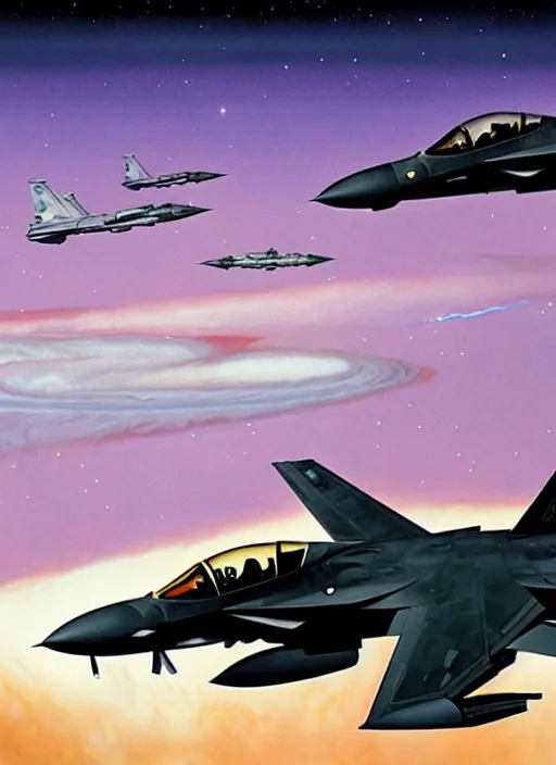 Image similar to poster artwork by michael whelan and tomer hanuka, a portrait, f 3 5 jets dogfighting in the clouds of jupiter, clean