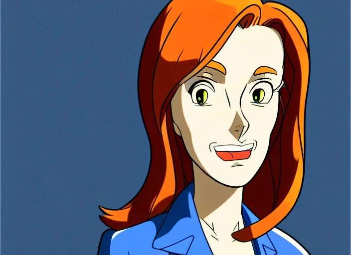 Image similar to a shaded animation cel of dana scully, sharp detail, thin linework, realistic anatomy, in the style of western cartoons, by don bluth, filmation, toei animation, studio trigger, studio ghibli, 5 k, artstation trending