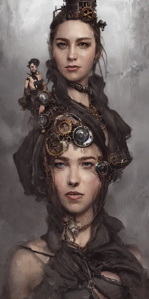 Prompt: A portrait of a women in the style of steampunk by Greg Rutkowski, Sung Choi, Mitchell Mohrhauser, Maciej Kuciara, Johnson Ting, Maxim Verehin, Peter Konig, Bloodborne, 8k photorealistic, cinematic lighting, HD, high details, dramatic, dark atmosphere, trending on artstation