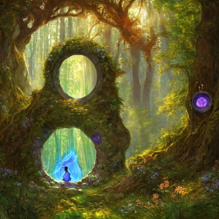 Image similar to Fantasy Magical fairy-tale glowing stone portal in the forest. Round stone portal teleport in trees to other worlds. Fantastic landscape. Magic Altar in the fores, highly detailed, digital painting, artstation, concept art, smooth, sharp focus, illustration, art by alphonse mucha