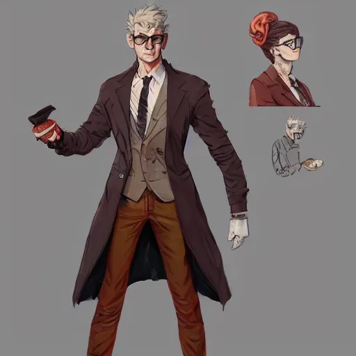 Prompt: vivid colors, character sheet, fine details, front view, greg rutkowski, kim jung gi, human, suit vest, longcoat, androgynous, female, face, glasses, briefcase, brown clothes, pretty face, artstation, concept art, dc constantine