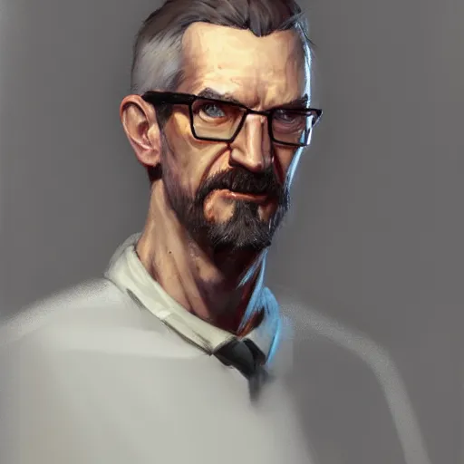 Image similar to a full body portrait of gordon freeman by Krenz Cushart, high detail, concept art, artstation, 8k