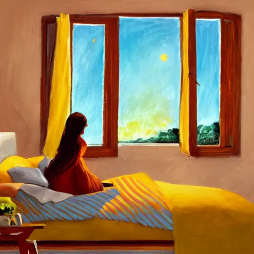 Prompt: a ultra detailed painting of young plus size hispanic woman with long dark brown hair with bangs, tan skin, brown eyes, and yellow cardigan, wistfully looking out the her bedroom window, during a sunset high quality, cute, award winning, trending on art station,