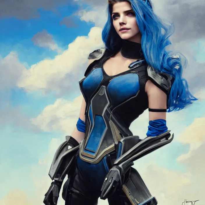 Prompt: portrait of a combination of Ashley Greene, Katheryn Winnick, Victoria Justice, Adriana Dxim, Grace Kelly and Emma Watson with blue hair wearing Interceptor's armor from Anthem, countryside, calm, fantasy character portrait, dynamic pose, above view, sunny day, thunder clouds in the sky, artwork by Jeremy Lipkin and Giuseppe Dangelico Pino and Michael Garmash and Rob Rey and Greg Manchess and Huang Guangjian, very coherent asymmetrical artwork, sharp edges, perfect face, simple form, 100mm