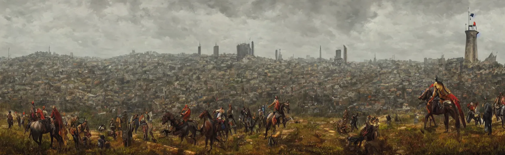 Prompt: horseback knights at scenic overlook; cloudy, grey skies, large tents foreground, walled fortress city deteriorating office buildings in background on hill; la Bastille, post apocalyptic, grungy; oil on canvas, artstation, colorful