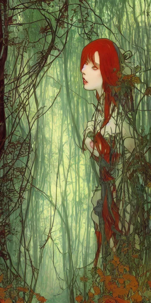 Image similar to a beautiful illustration of a red-head female in a forest, autumn, cinematic composition, mist, style of yoshitaka amano and alfons mucha